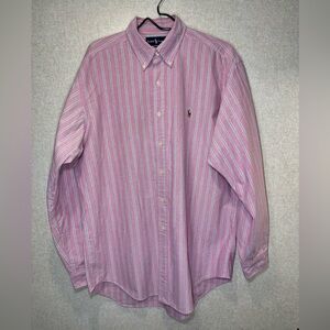 Vintage 90s Ralph Lauren Pink Striped Classic Fit Oxford Shirt Flesh Pony Size L